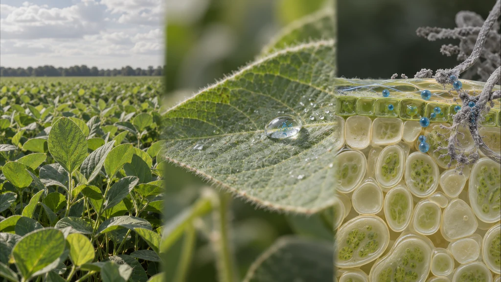 Mode-of-action film still in three steps: a soybean field, a water droplet on the leaf and the leaf cells where the fungicide works