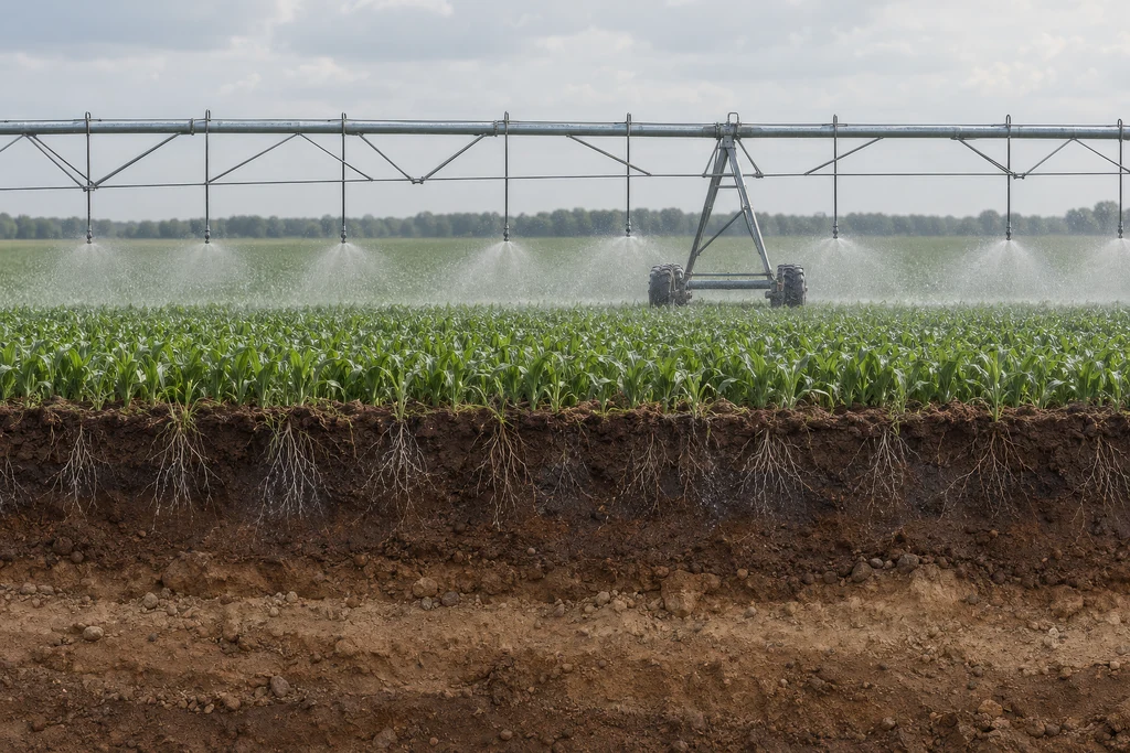 Centre pivot irrigation system over a green field, with water droplets and soil moisture layers shown below the surface