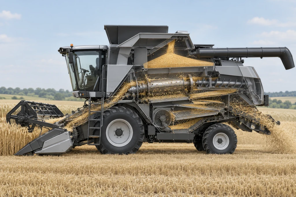 Cutaway of a combine harvester with the grain flowing from the header through the threshing drum to the tank