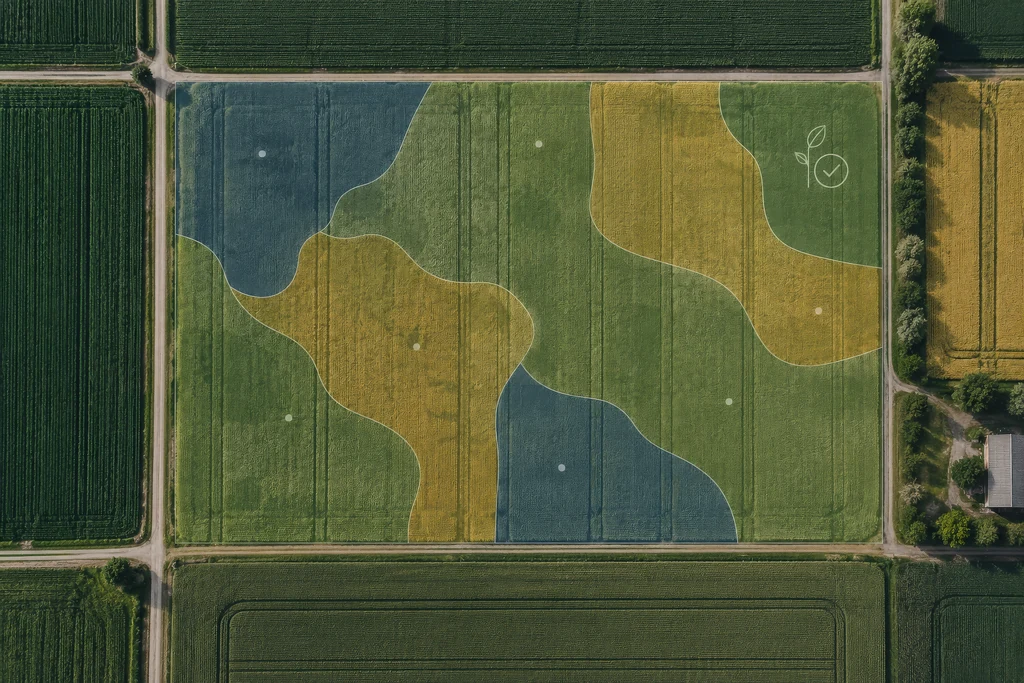 Farm field overlaid with satellite zones, sensor points and a yield map turning into a recommendation