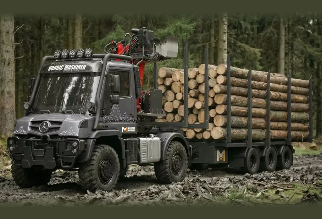 Forestry truck with a crane loaded with logs on a forest road, a photoreal 3D render from our forestry equipment case