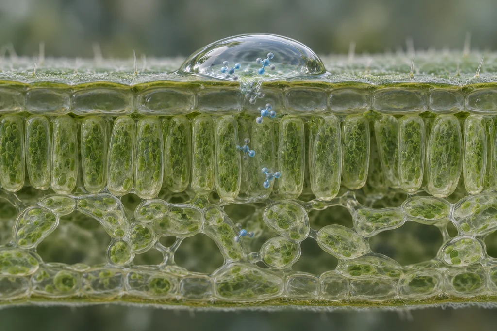 Animated cross-section of a weed leaf with herbicide molecules entering the cells and stopping growth