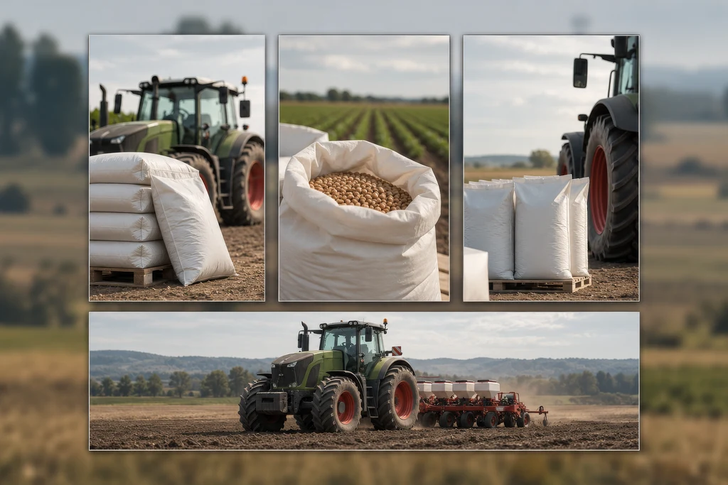 Vertical social media frames and a web banner showing a CGI tractor and a seed bag on a farm background