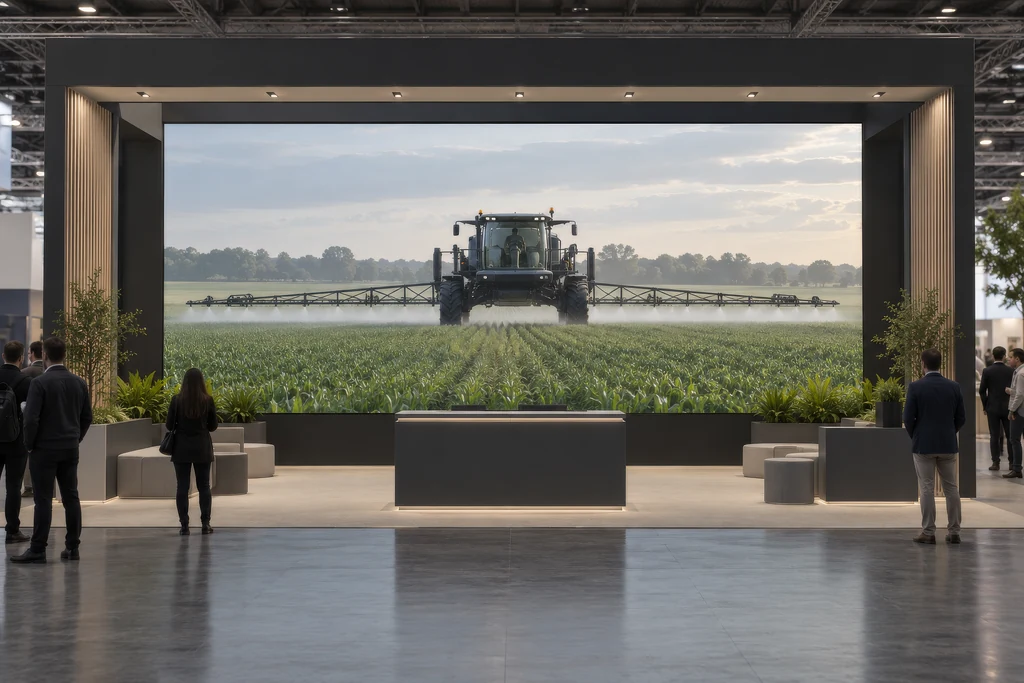 Large LED screen on a trade show stand playing a CGI loop of a sprayer working in a field