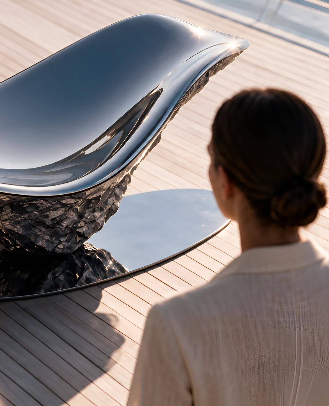 Fotogramma verticale di una donna di spalle, in piedi accanto a una poltrona scultorea cromata sul ponte in teak di uno yacht, nella calda luce del tramonto