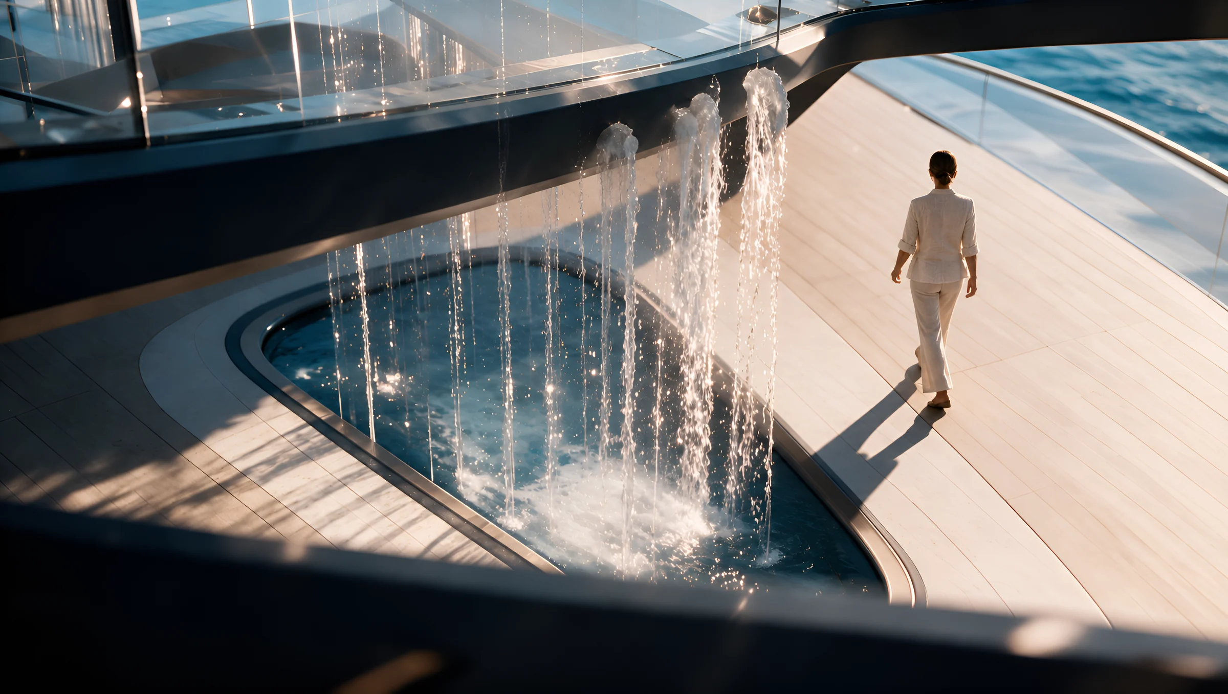 Fotogramma verticale di un gioco d’acqua che cade in una piscina sul ponte di uno yacht, accanto a una lounge vetrata, con una donna che passa
