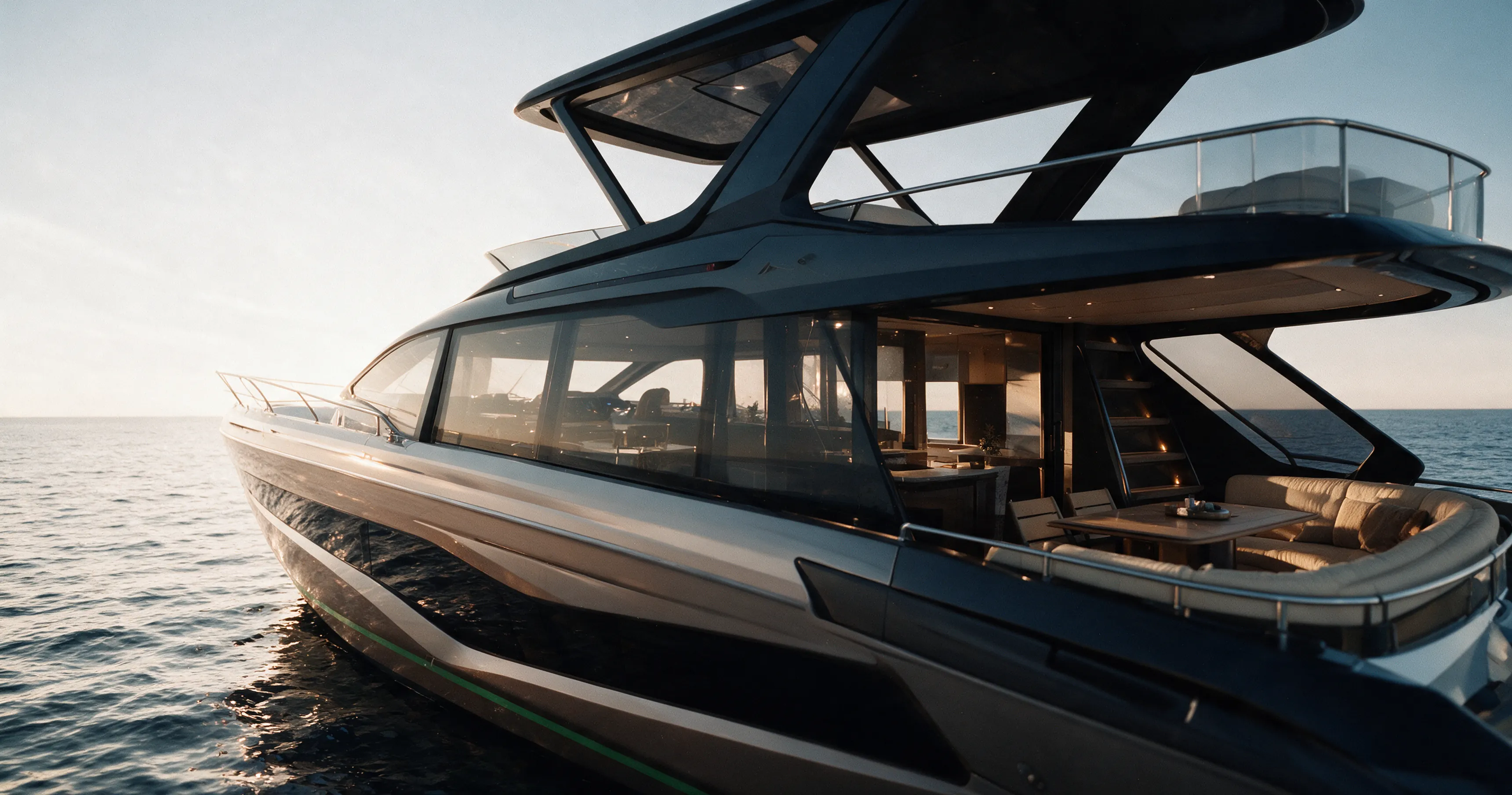 Uno yacht a motore con flybridge in navigazione al tramonto, fotogramma generato per il capitolo sugli yacht del film