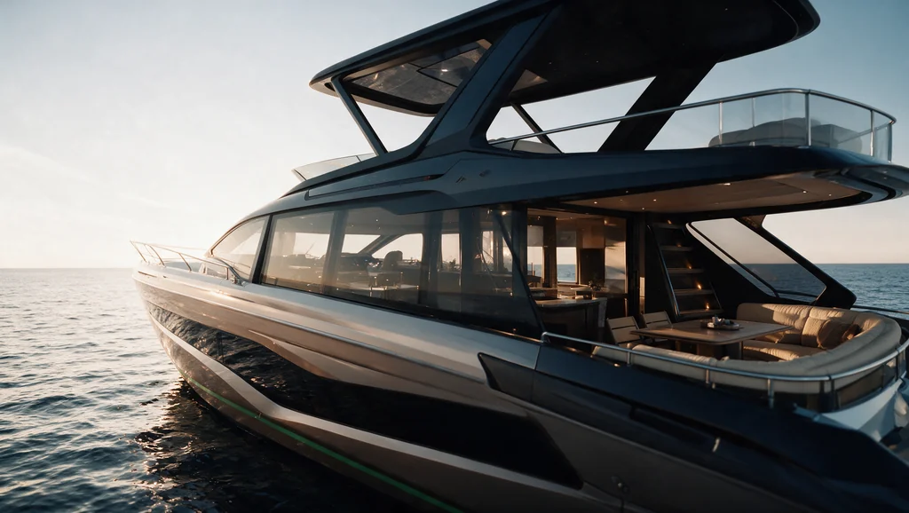 AI-still van een motorjacht met flybridge bij zonsondergang