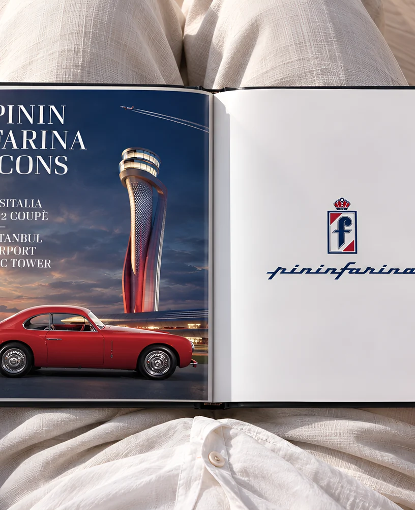 Fotogramma verticale di mani che tengono un libro aperto con una coupé classica rossa e un manifesto della casa di design sulla pagina sinistra