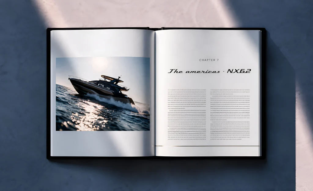 Doppia pagina con la foto di uno yacht a motore in velocità e il titolo di un capitolo, illuminata da un fascio di luce radente