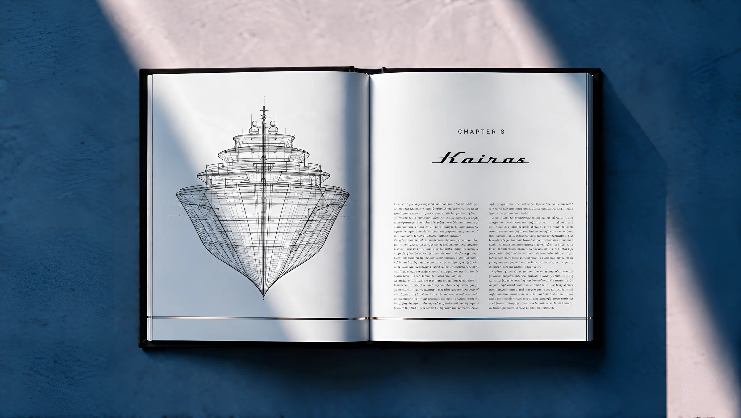 Doppia pagina con il disegno luminoso in wireframe di un superyacht e il titolo del capitolo “Kairos”
