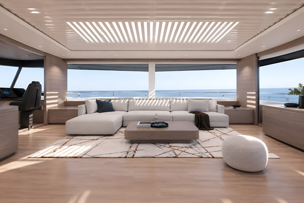 AI still of a bright yacht salon with a white sofa and sea views