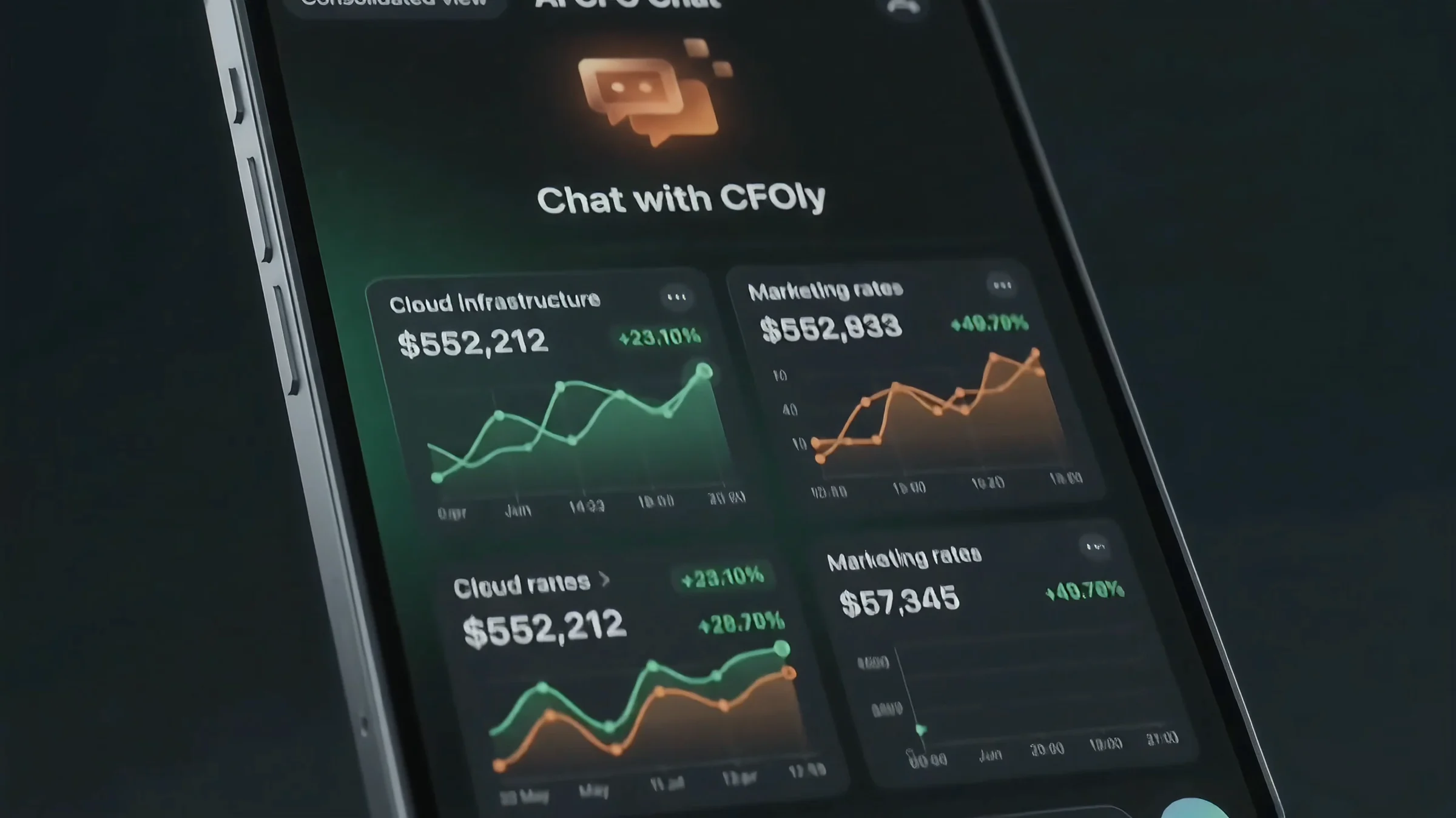 Still van een telefoon met de financiële AI-chat die grafieken van infrastructuur- en marketingkosten toont