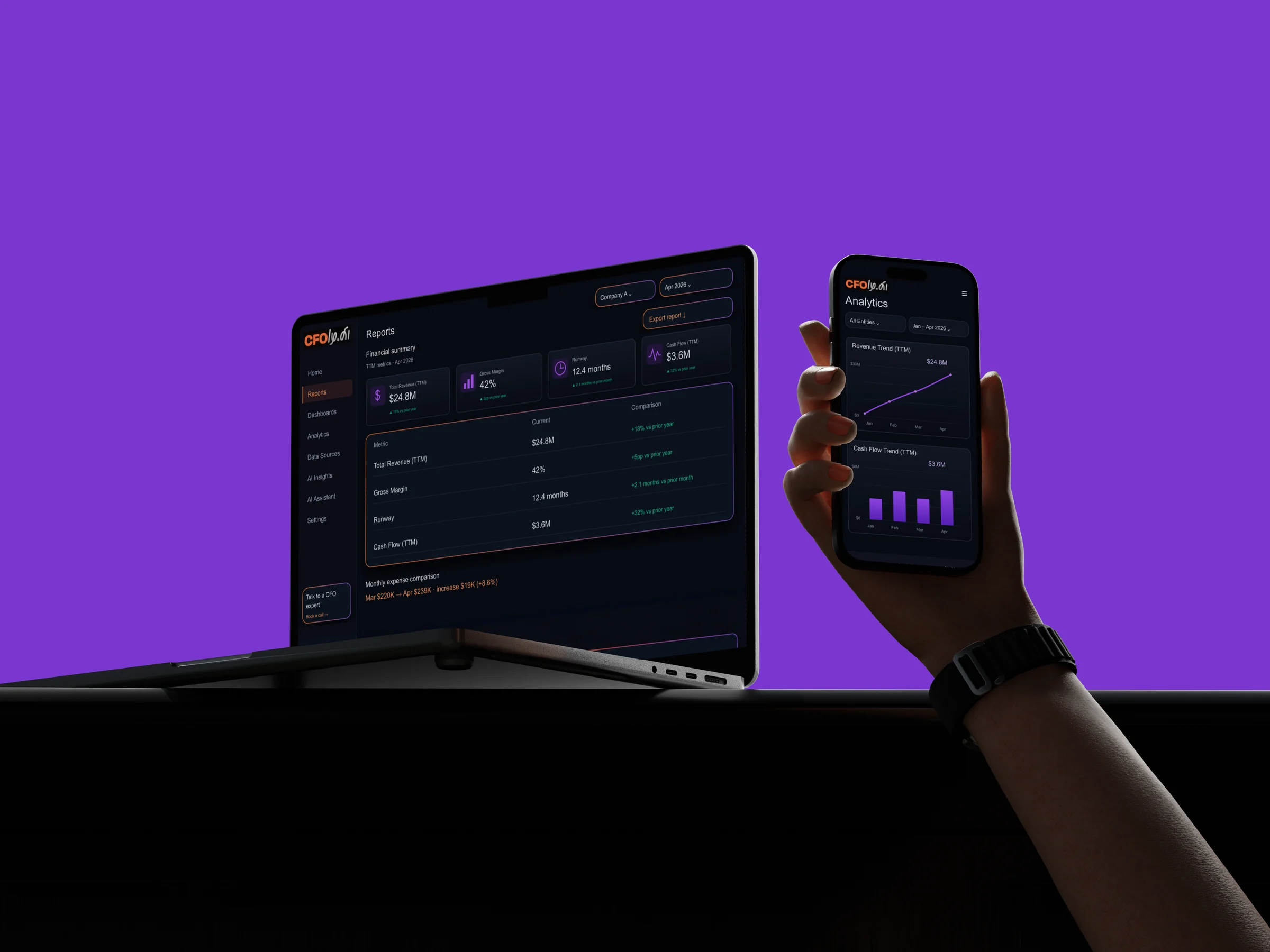 Laptop met financiële rapporten en een hand met een telefoon met analyses tegen een violette achtergrond