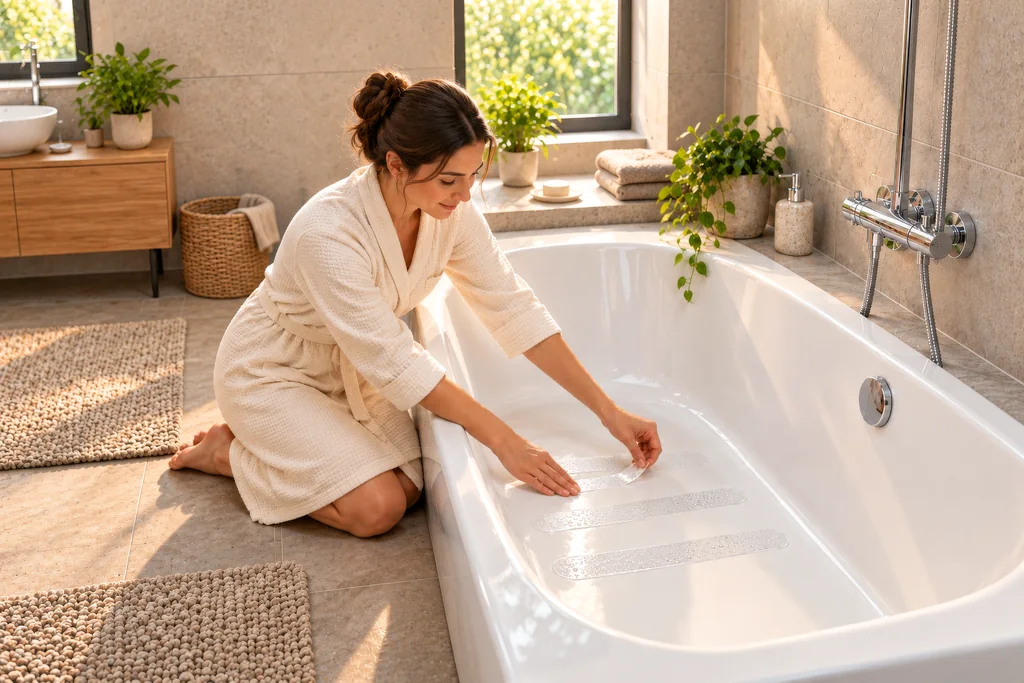 Render of a woman in a bathrobe kneeling by a white bathtub and pressing a product onto its surface