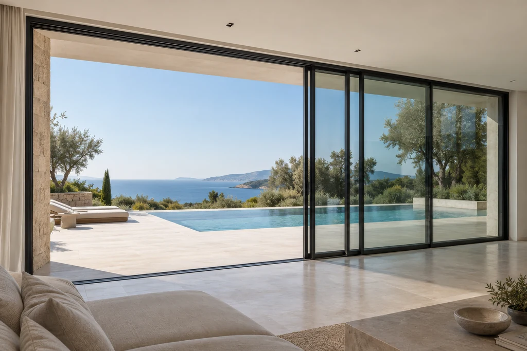 Minimal aluminum sliding door system opening a villa living room onto a pool terrace
