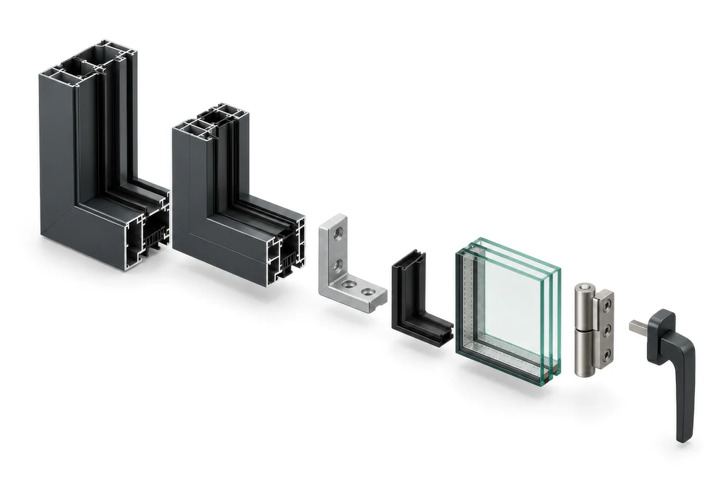 Exploded view of an aluminum window corner: frame and sash profiles, corner cleat, gasket, glazing unit, hinge and handle