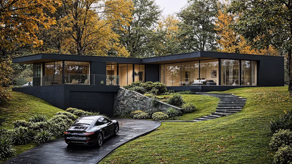 Animação de uma casa moderna escura em uma encosta no outono