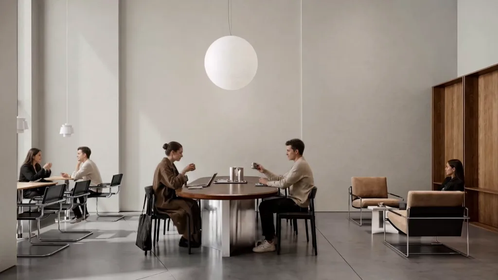 Vídeo CGI do interior de uma cafeteria com clientes em mesas compartilhadas
