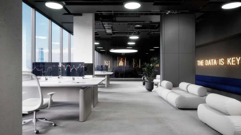Animação do interior de um escritório com estações de trabalho e letreiro neon