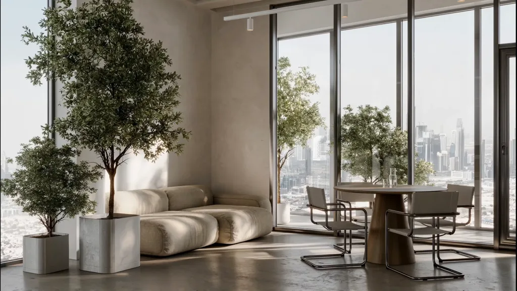 Animação de escritório: lounge com árvores e vista da cidade