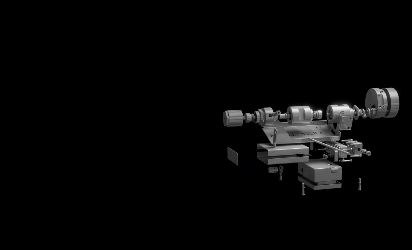 Exploded view still of an industrial valve assembly with its housing, cartridges and fasteners separated on a black background