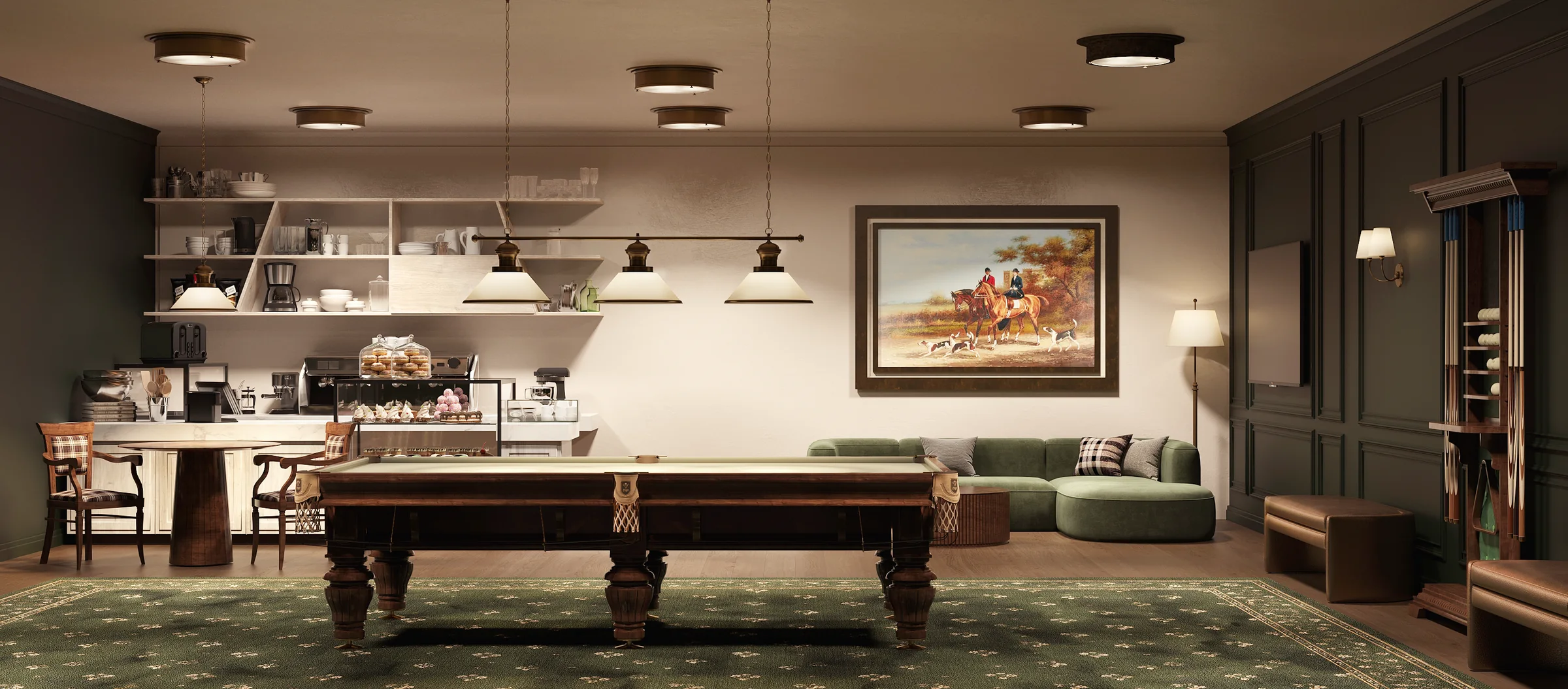 Render van een activiteitenruimte met biljarttafel, koffiebar, groene loungebank en ingelijste kunst aan donker gelambriseerde wanden