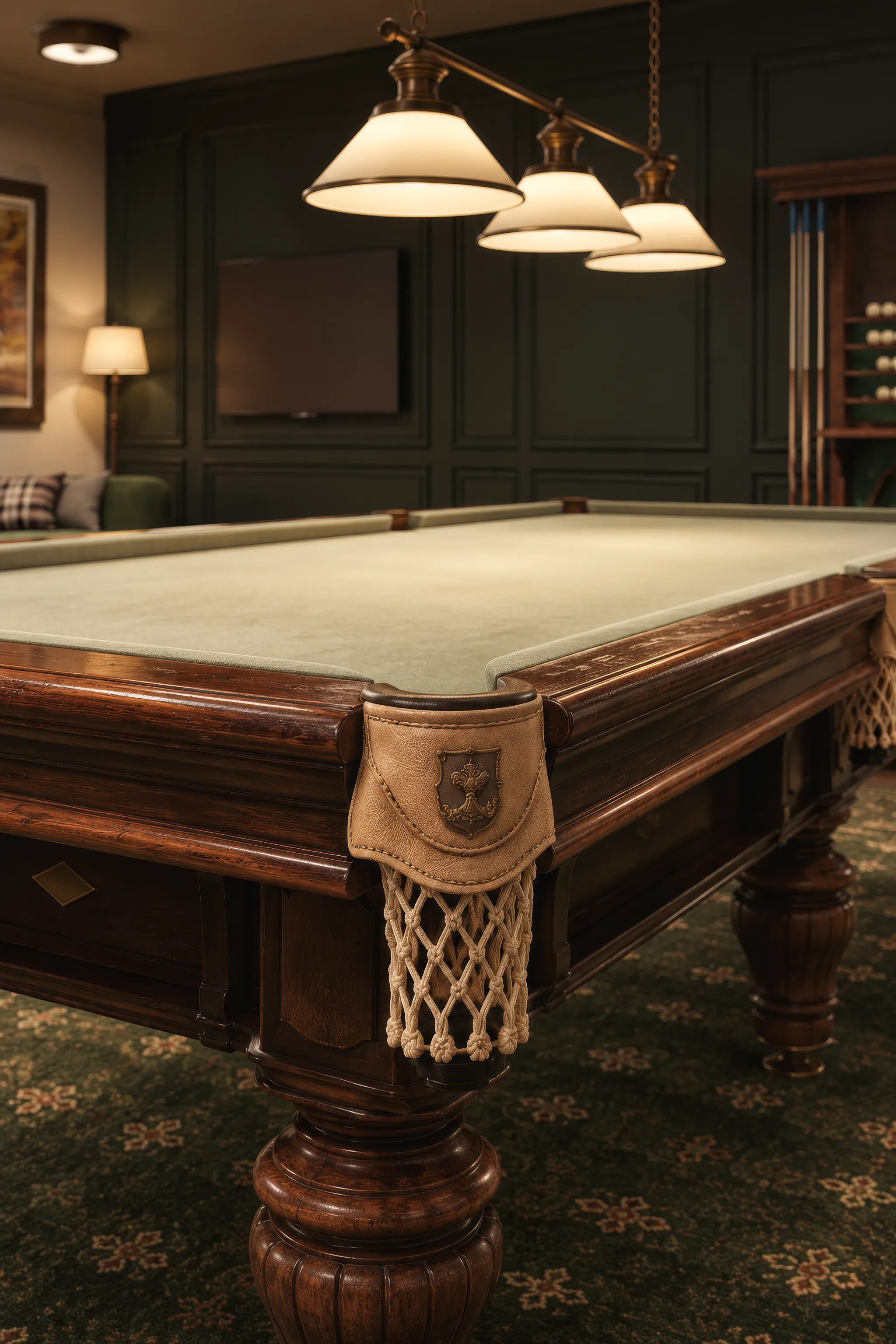 Staande close-up van een biljarttafel met houtsnijwerk en leren zakken onder hanglampen in een donker gelambriseerde spelkamer
