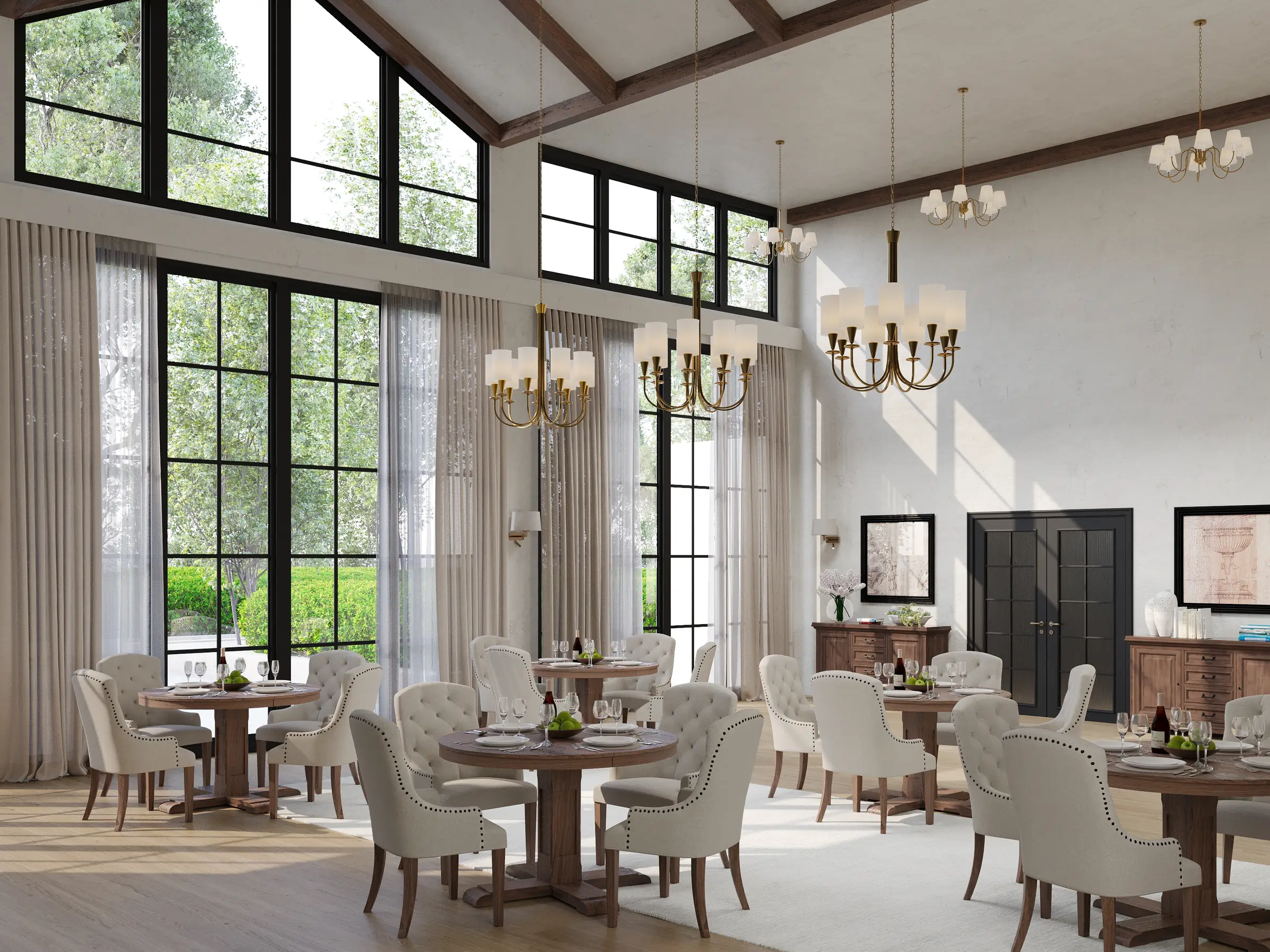 Render van de eetzaal van een zorgcentrum met kamerhoge ramen met roedeverdeling, ronde tafels, gecapitonneerde stoelen en messing kroonluchters