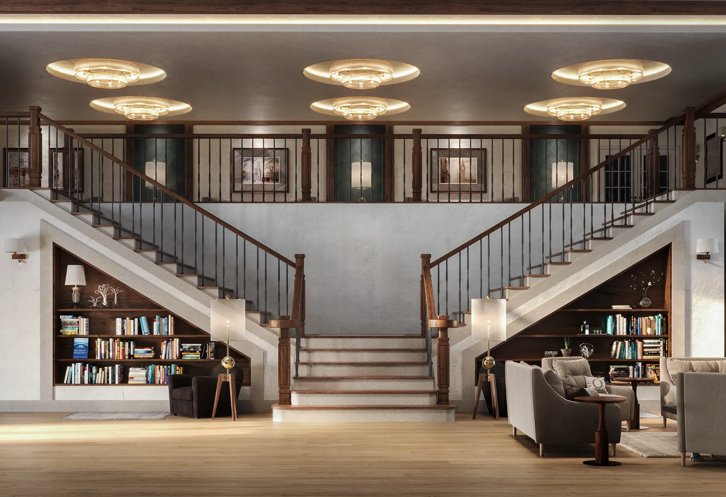 Render van een symmetrische dubbele trap met ingebouwde boekenkasten, leesstoelen en een galerij met ingelijste kunst