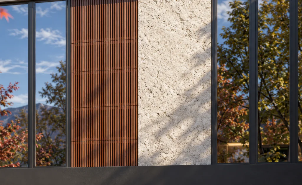Detailrender van de gevel van een zorgcentrum met crèmekleurige natuursteen, verticale houten lamellen en zwarte kozijnen