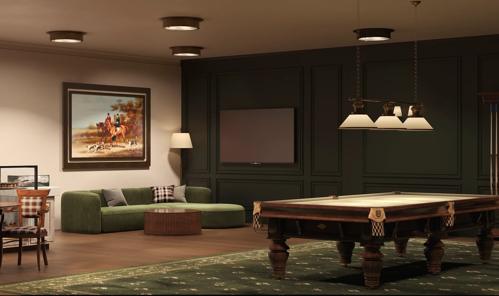 Render van een spellounge met biljarttafel, groene bank, ingelijste kunst en hanglampen aan donker gelambriseerde wanden