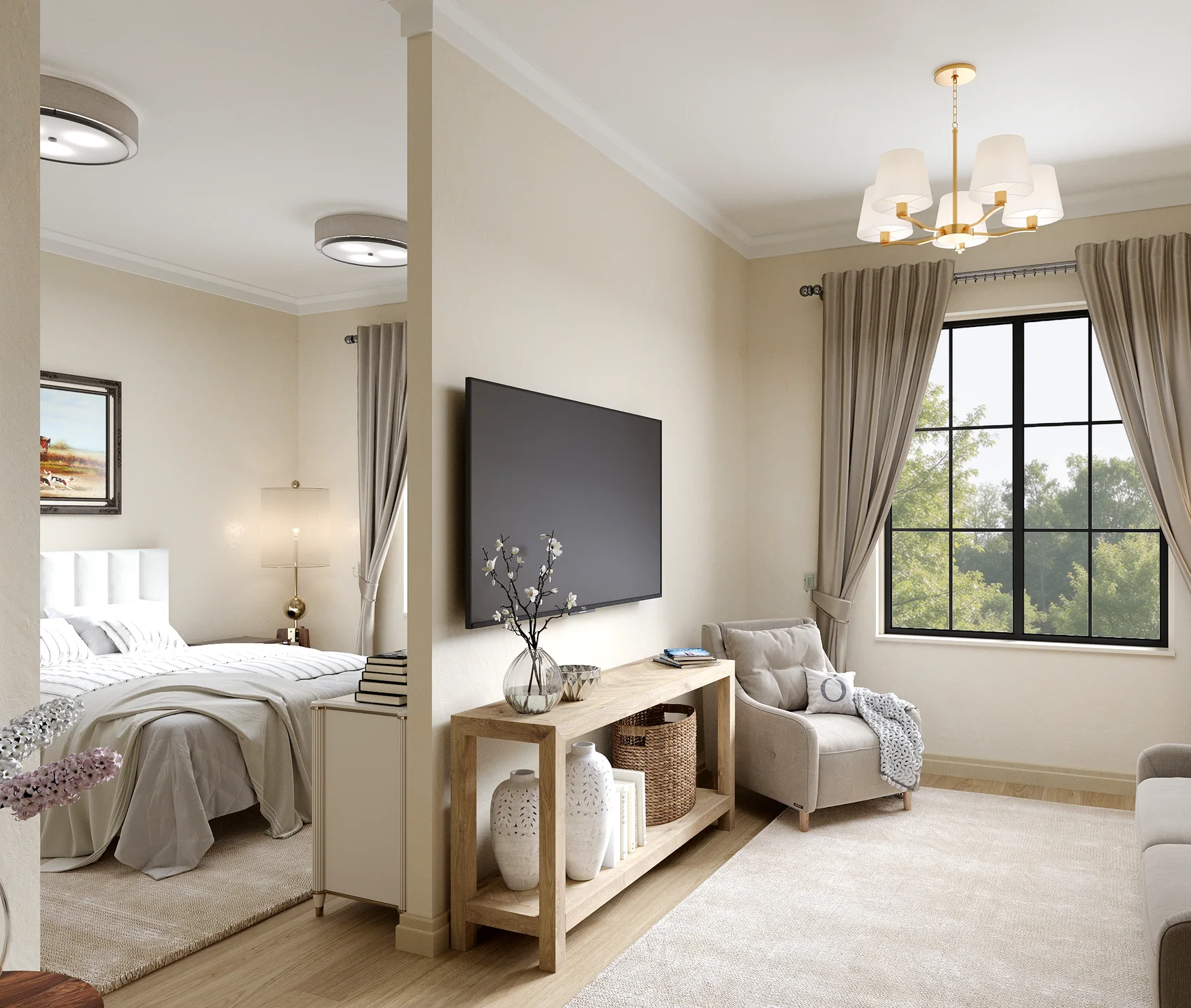 Render van een bewonerskamer met slaapgedeelte, tv-wand, een fauteuil bij een raam met roedeverdeling, een bank en messing lampen