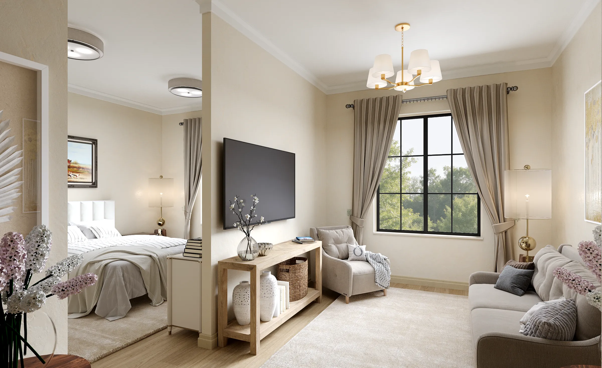 Render van een bewonerskamer met slaapgedeelte, tv-wand, een fauteuil bij een raam met roedeverdeling, een bank en messing lampen
