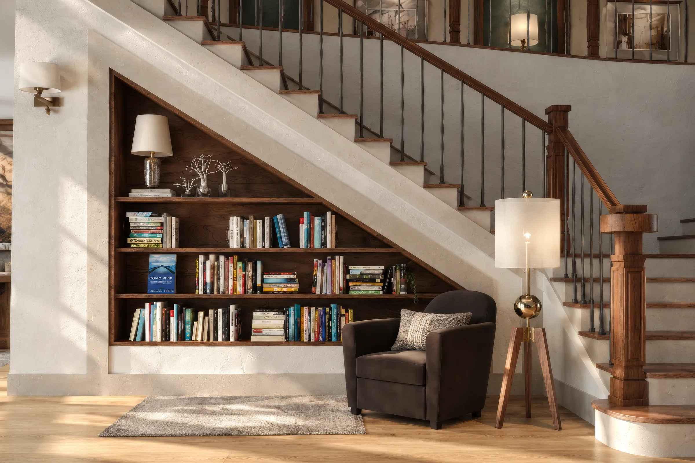 Render van een leeshoek onder een trap met ingebouwde boekenkasten, een leren fauteuil en een staande lamp