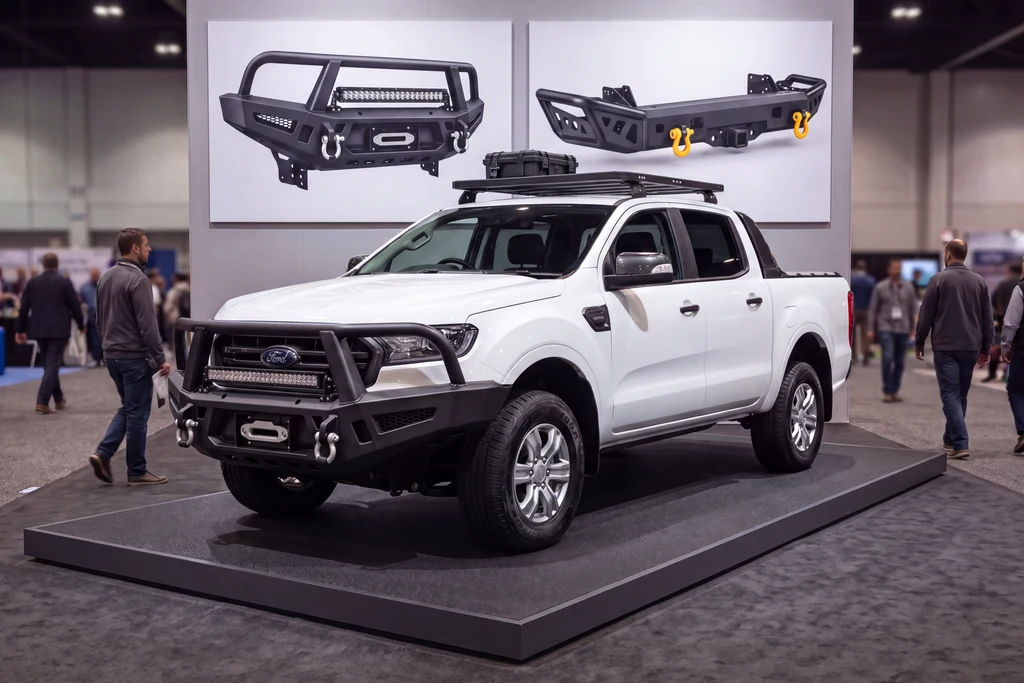 Trade show stand with a white Ford Ranger fitted with a bull bar and roof rack under large prints of the accessories