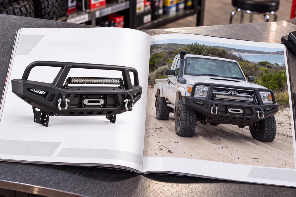 Open dealer catalog with a black bull bar on white and the same bar fitted to a Toyota LandCruiser on a beach track