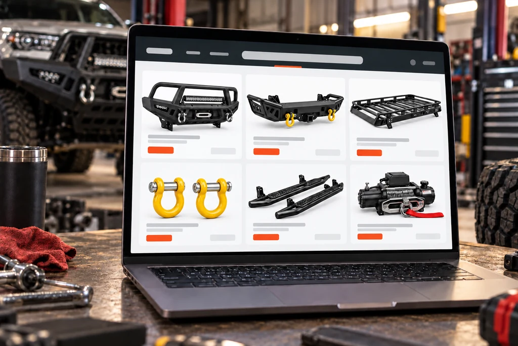 Laptop in a workshop showing an online store page with 4x4 accessories on white backgrounds