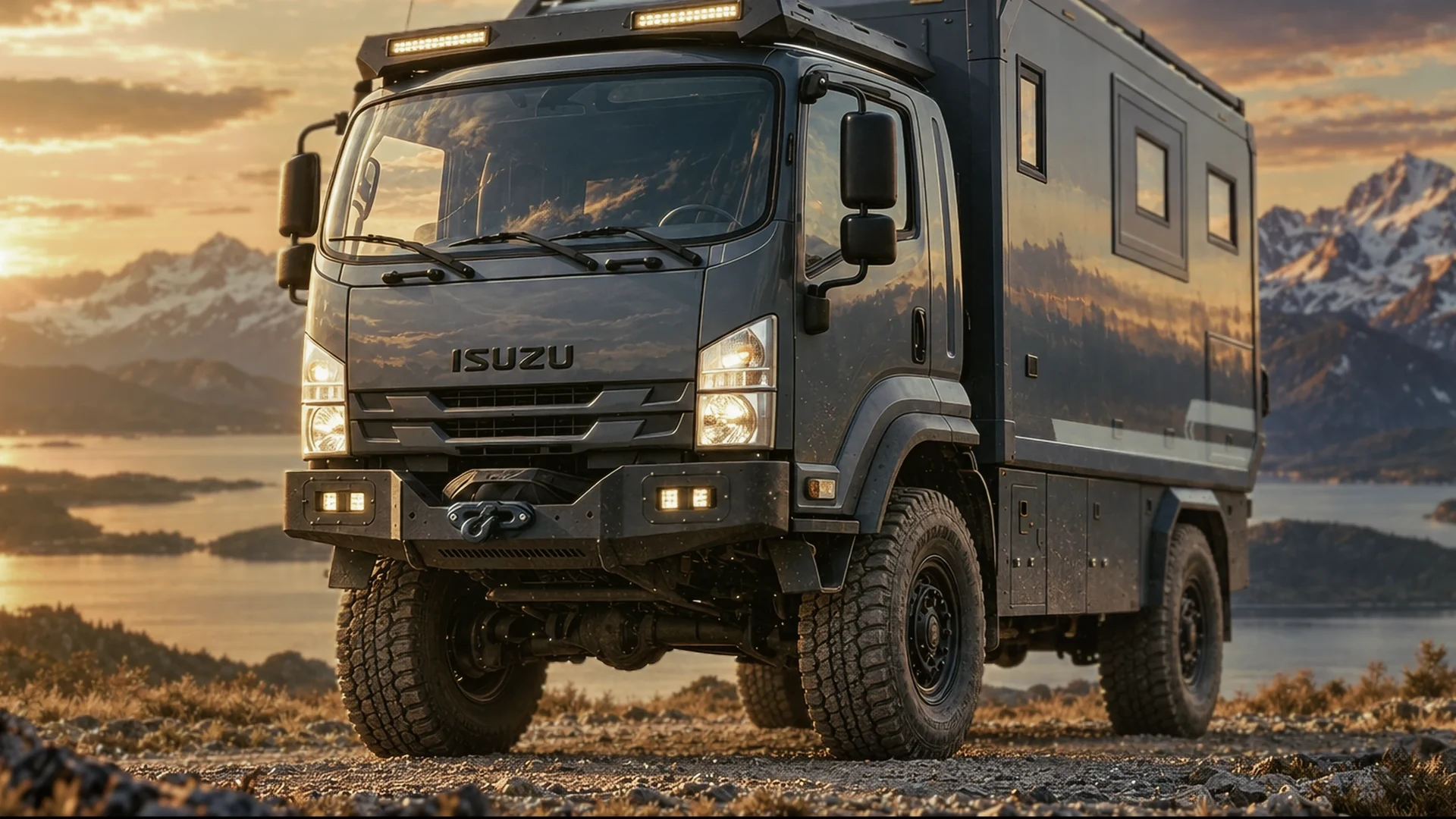 Render of an expedition truck camper parked by a mountain lake at sunset