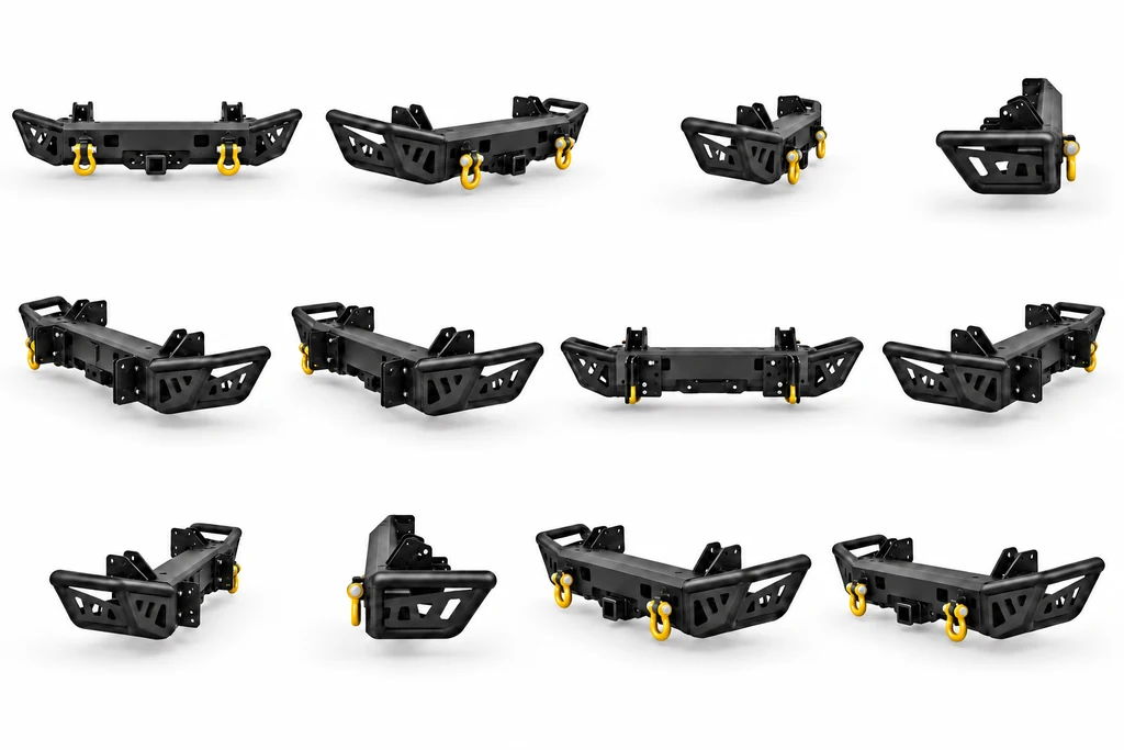 Twelve frames of a black steel 4x4 rear bar turning on one axis on a white background