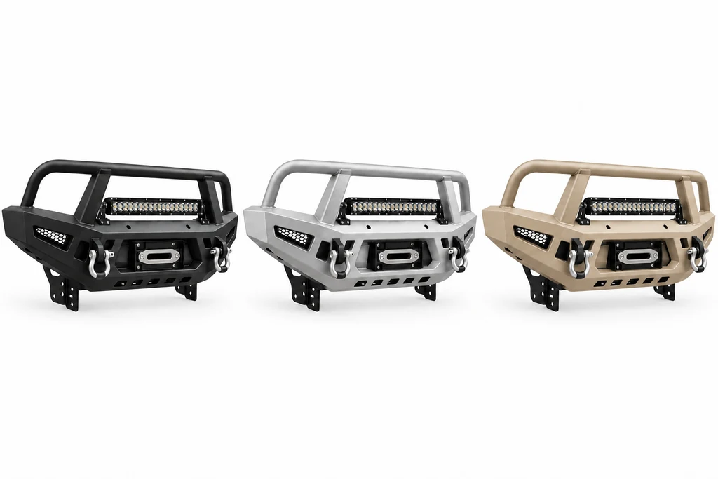 Render of one steel bull bar in black, silver and sand powder-coat colours side by side