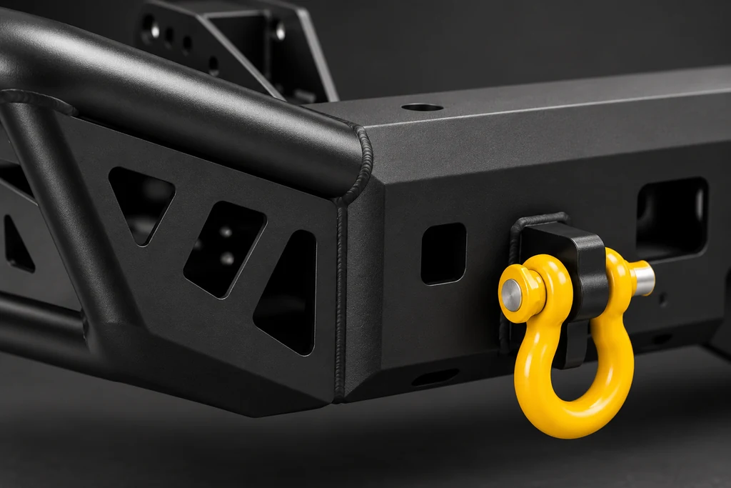 Close-up render of black textured powder coat and a recovery point with a yellow shackle on a steel rear bar