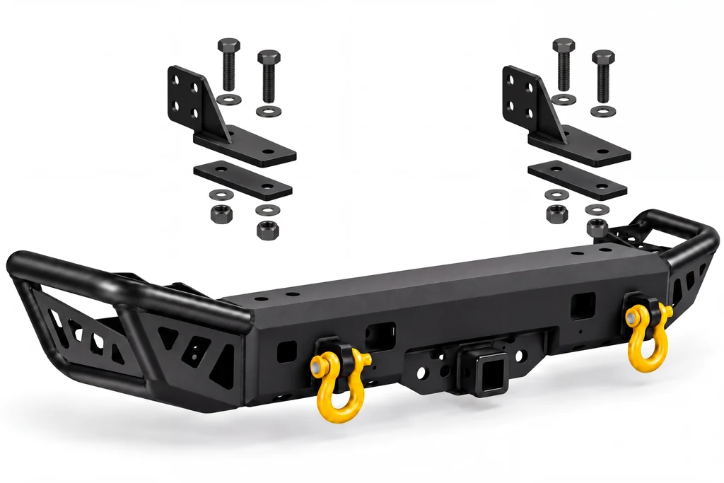 Exploded view render of a 4x4 rear bar with its mounting brackets, plates, bolts and nuts