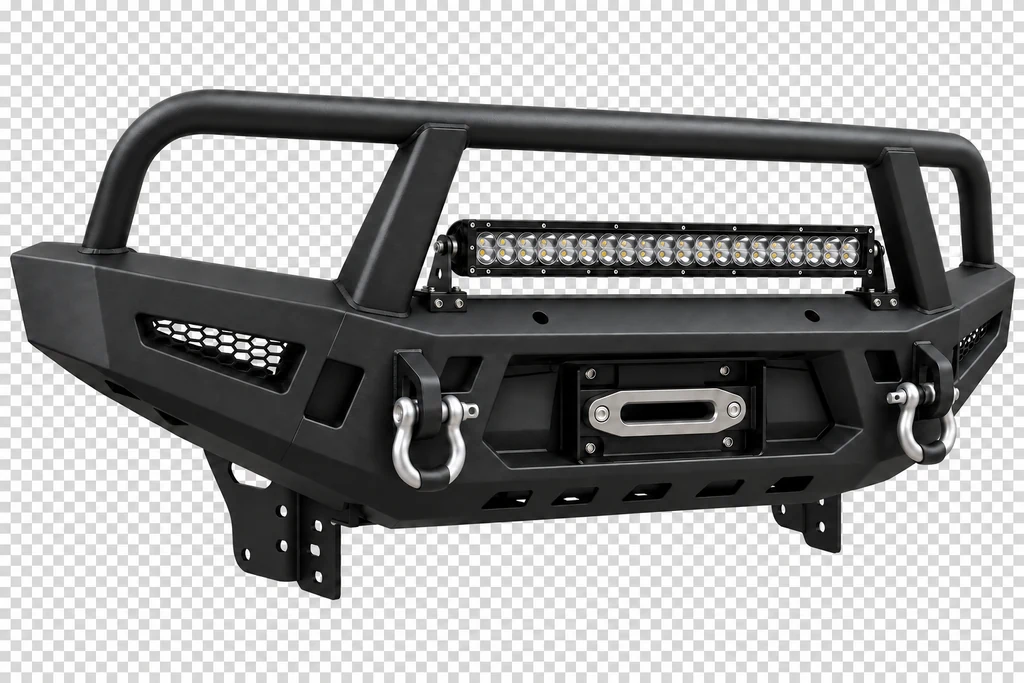 Render of a black steel bull bar with a light bar and winch cradle cut out on a transparent background