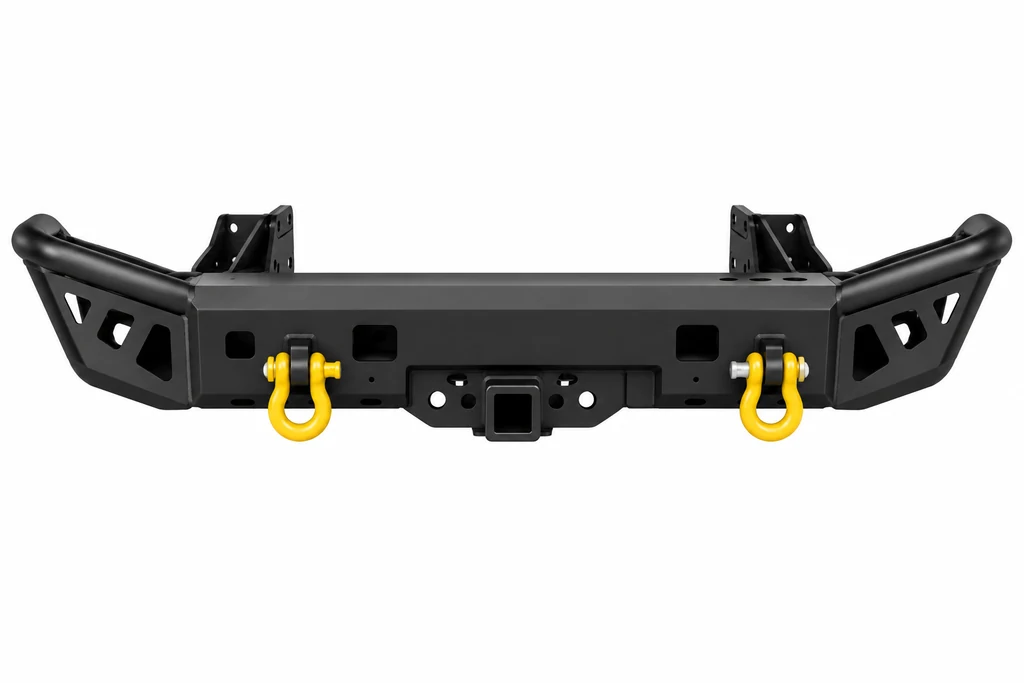 Render of a black powder-coated steel 4x4 rear bar with yellow recovery shackles and a tow hitch receiver on a pure white background