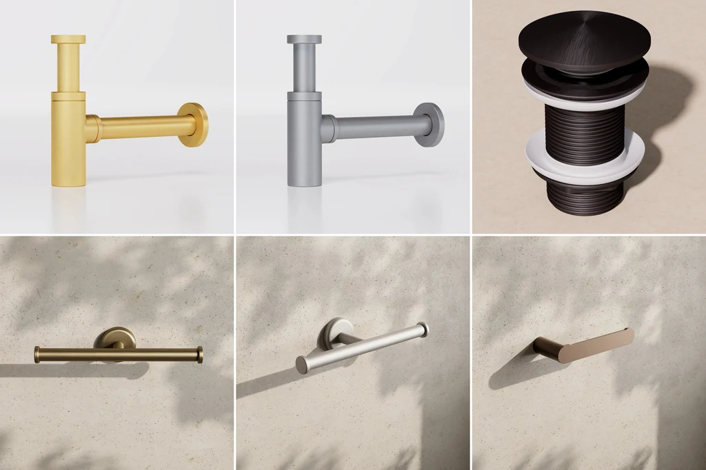 Six renders of a bottle trap, a pop-up waste and toilet roll holders in aged gold, brushed stainless, gunmetal black, antique brass and satin bronze