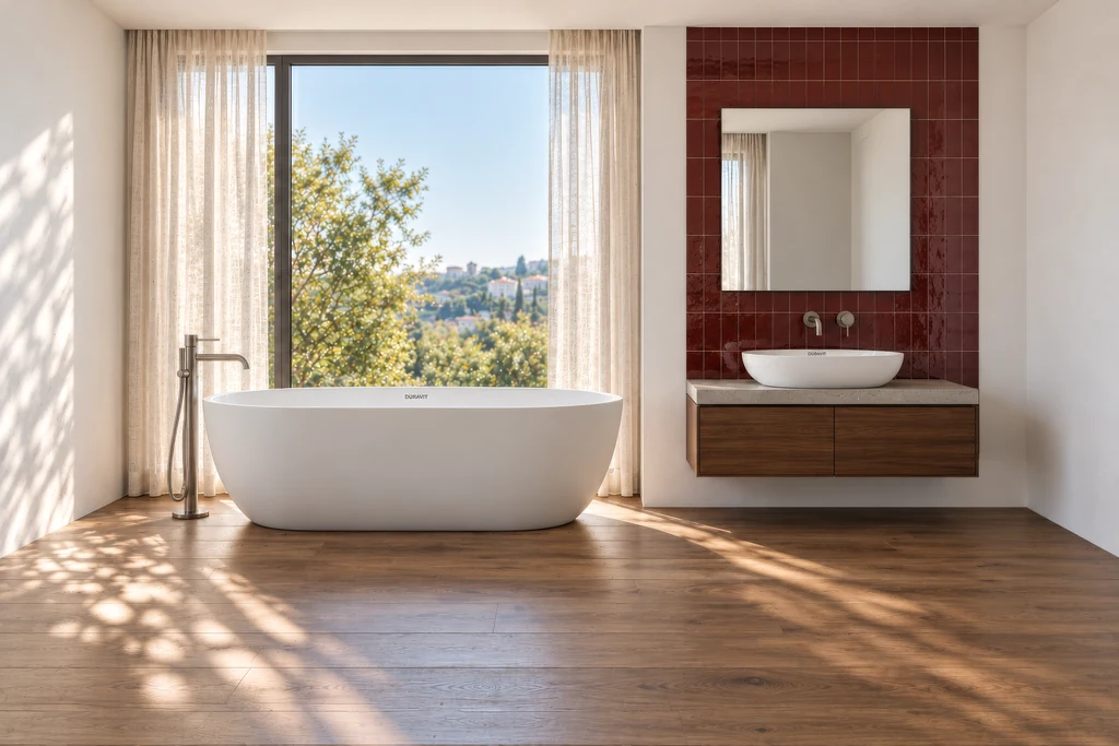 Render of a freestanding bathtub and a vessel basin on a walnut vanity in a sunlit bathroom with a large window