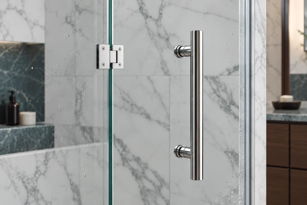 Close-up render of a frameless glass shower door with a chrome hinge, a pull handle and water drops in a marble bathroom