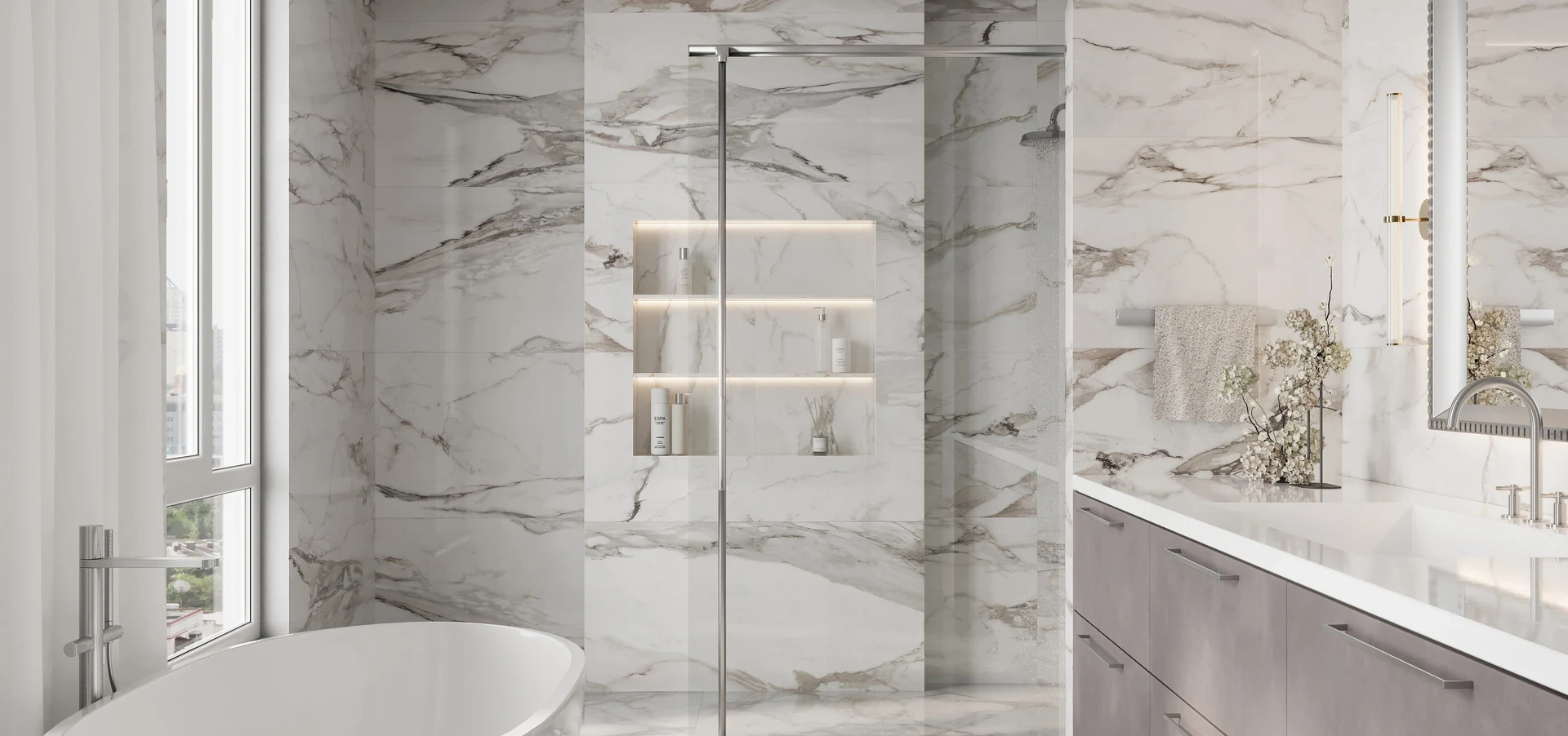 Render of a brushed gold double towel rail on a bathroom wall