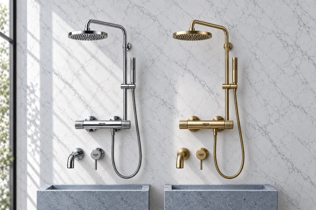 Render of two thermostatic shower systems with rain heads and wall-mounted basin faucets in polished chrome and brushed brass on a marble wall